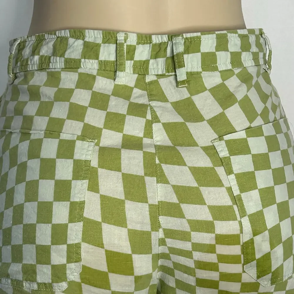 Zara Green White Checkerboard Wide Leg Pants Women’s L High Rise Linen Blend